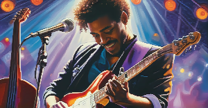 A jazz guitarist playing an electric guitar on stage, with colorful lights and blurred audience in the background.