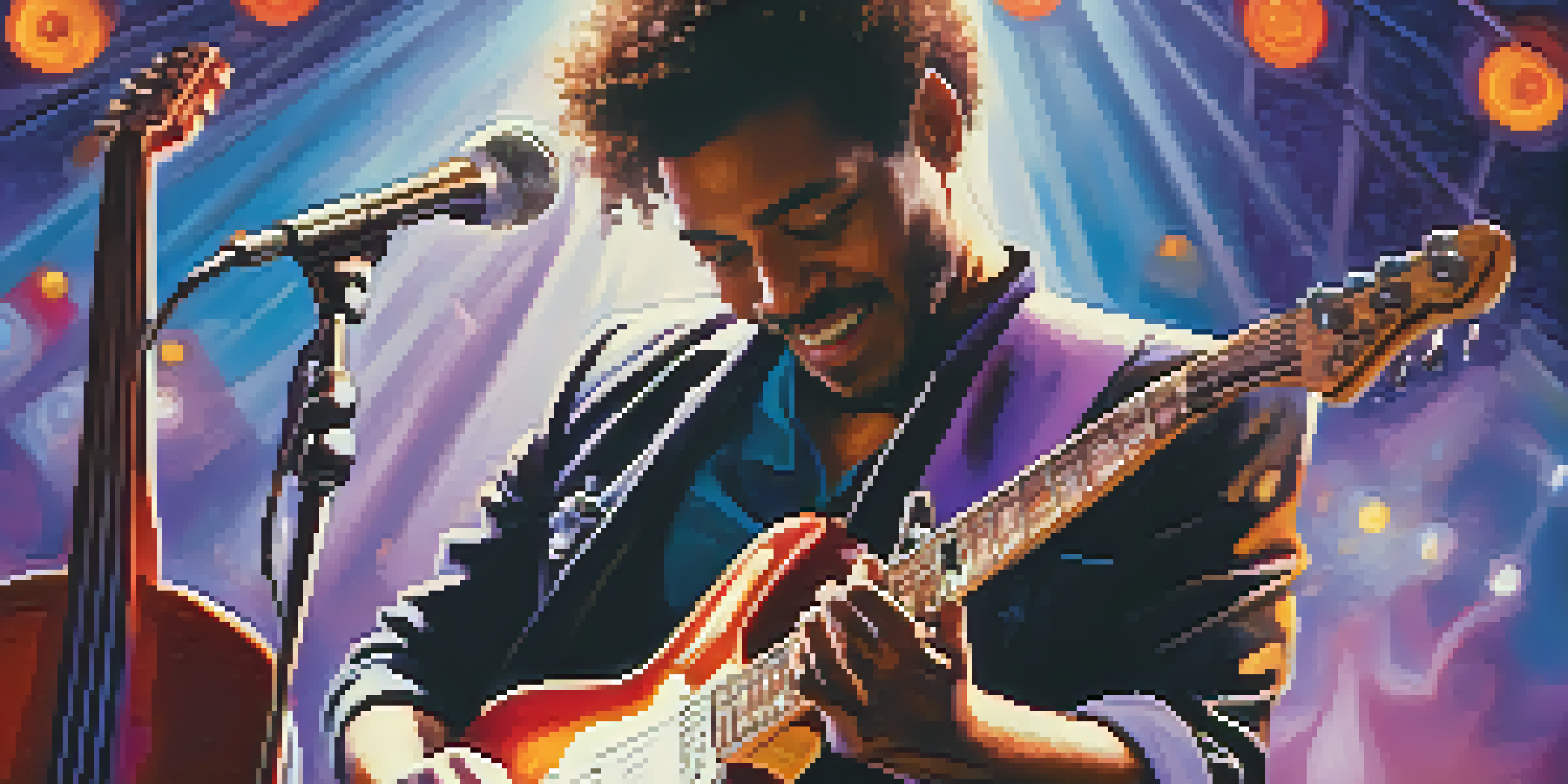 A jazz guitarist playing an electric guitar on stage, with colorful lights and blurred audience in the background.