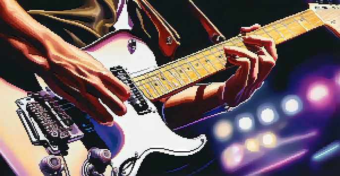 A close-up of a guitarist's hands playing an electric guitar with colorful stage lights in a blurred background.