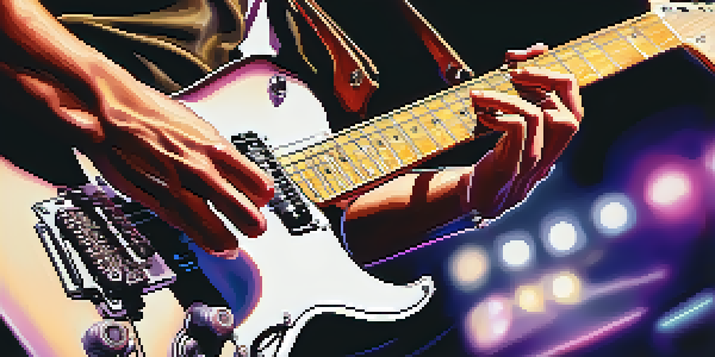 A close-up of a guitarist's hands playing an electric guitar with colorful stage lights in a blurred background.