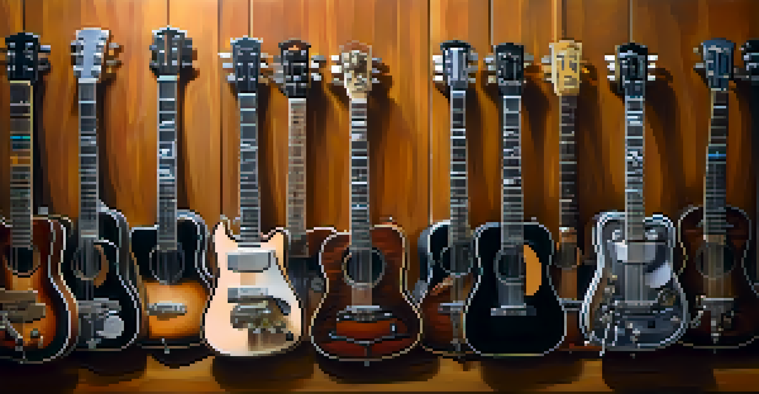 A variety of guitar capos made from different materials laid out on a wooden table in a music studio.