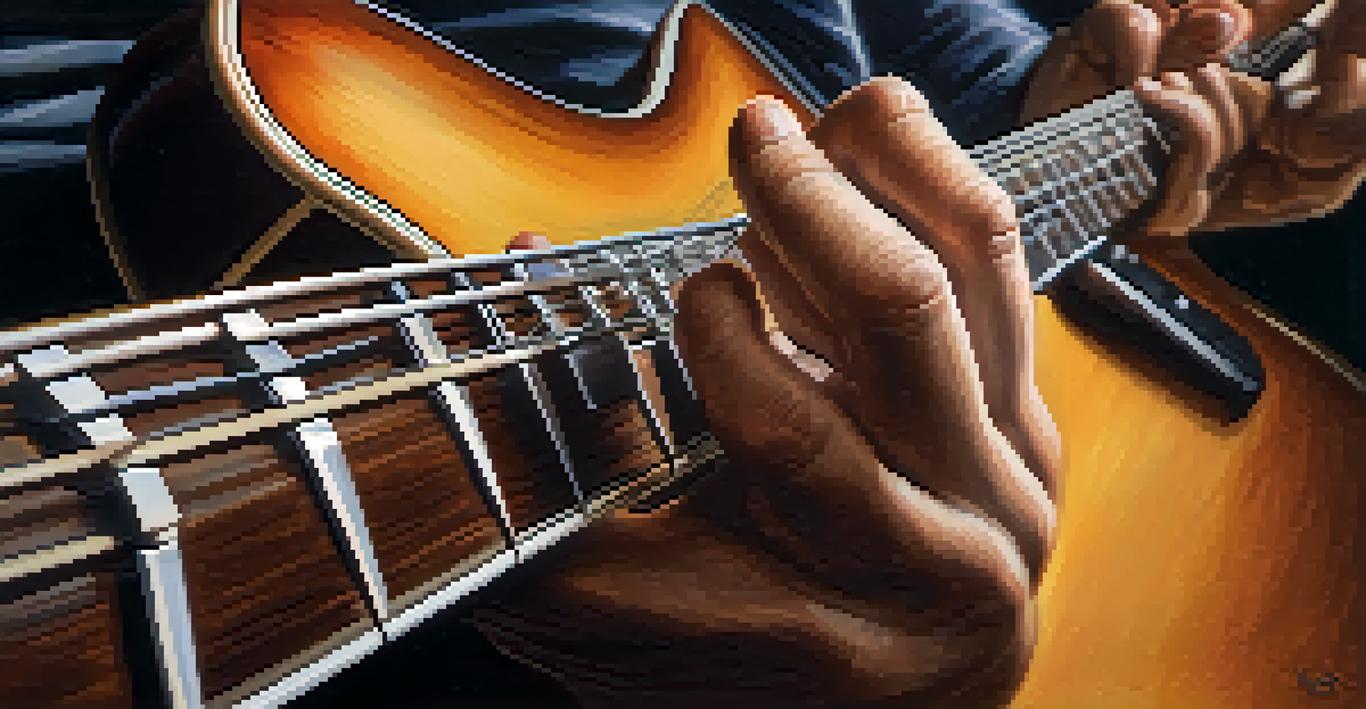 Close-up of hands playing a guitar, showcasing the transition between chords.