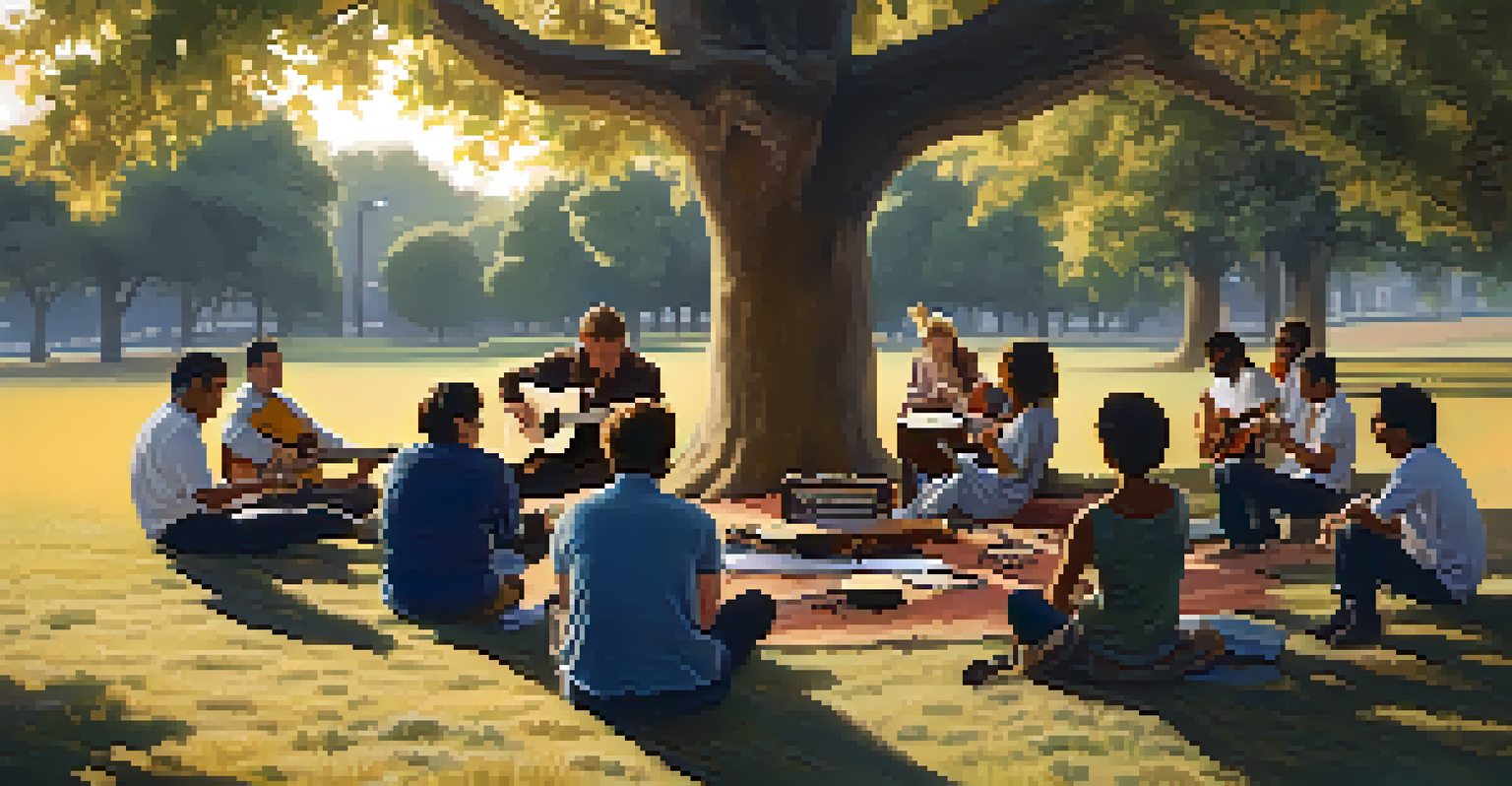 A group of diverse guitarists rehearsing outdoors under a tree, enjoying each other's company.