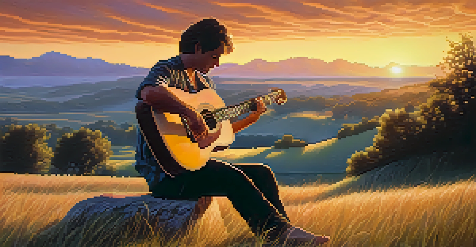 A guitarist sitting on a grassy hill at sunset, playing a guitar surrounded by nature.