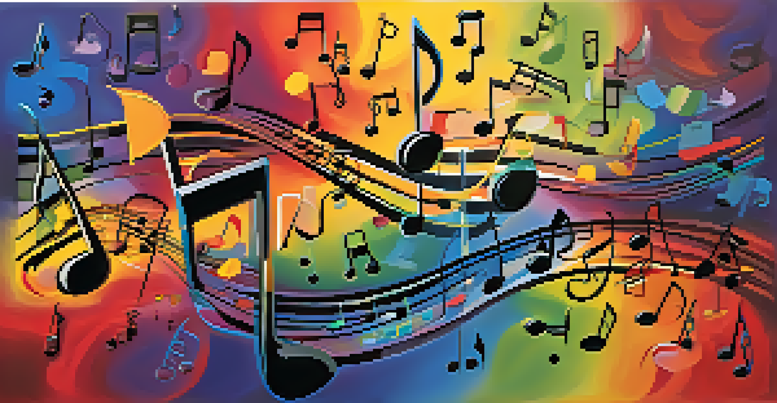 An artistic depiction of a music staff with various notes and rests, set against a colorful abstract background.