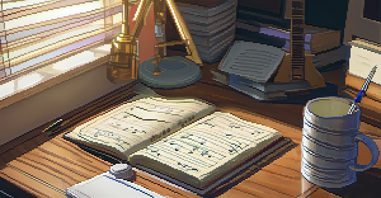 A close-up view of an open practice journal with handwritten notes and a guitar blurred in the background.