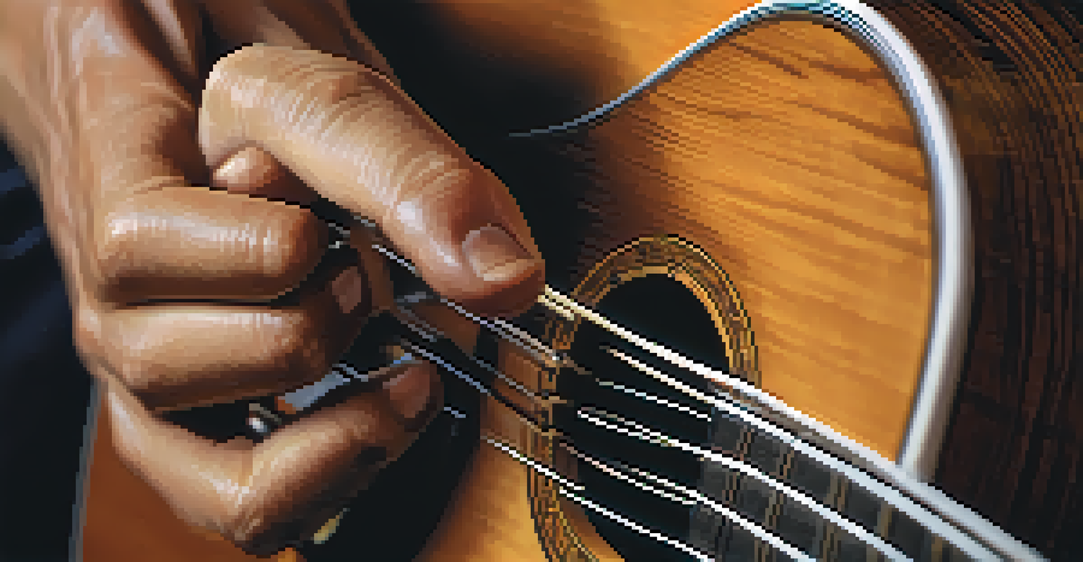 A close-up of a guitarist's hands playing an acoustic guitar, highlighting the instrument's details.