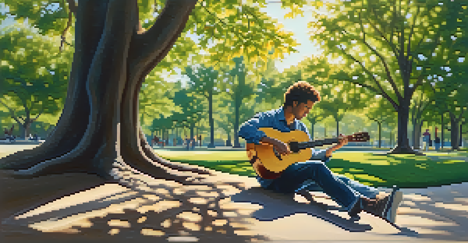 A guitarist in a park with a guitar on their knee, surrounded by sheets of music and sunlight filtering through the leaves.