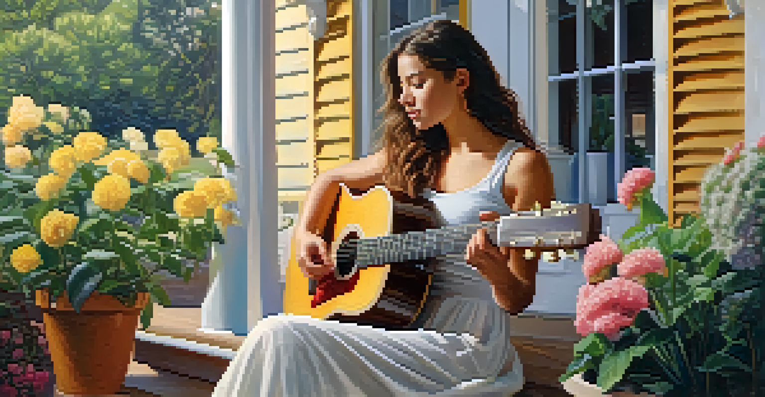 A young woman playing an acoustic guitar on a porch surrounded by plants, with soft sunlight illuminating the scene.