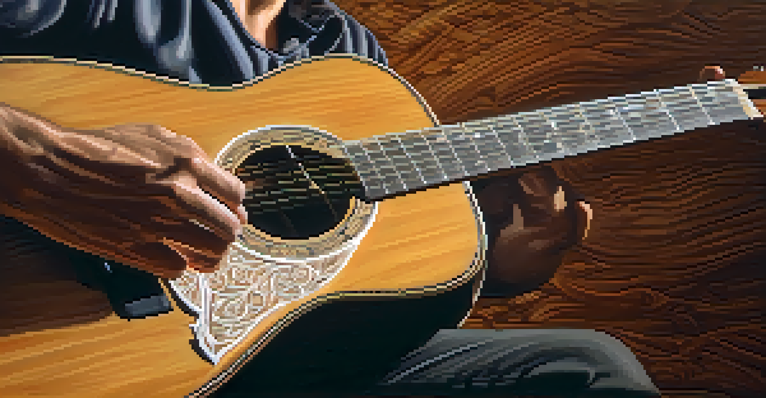A close-up of a hand strumming an acoustic guitar, focusing on the wood grain and strings with warm lighting.