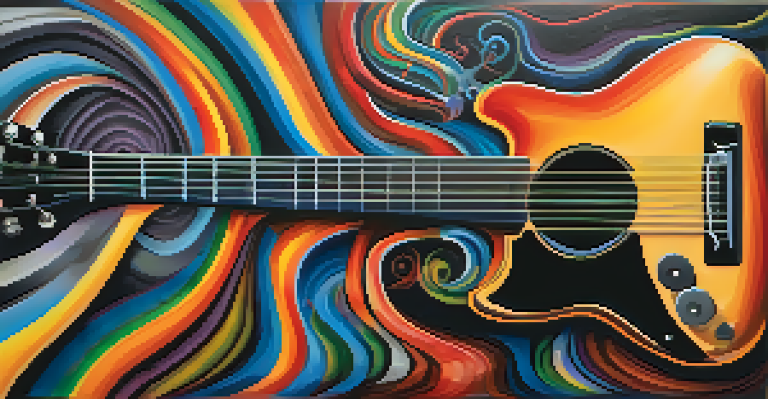 Colorful sound waves and patterns emanating from a guitar, illustrating various guitar effects against a dark background.
