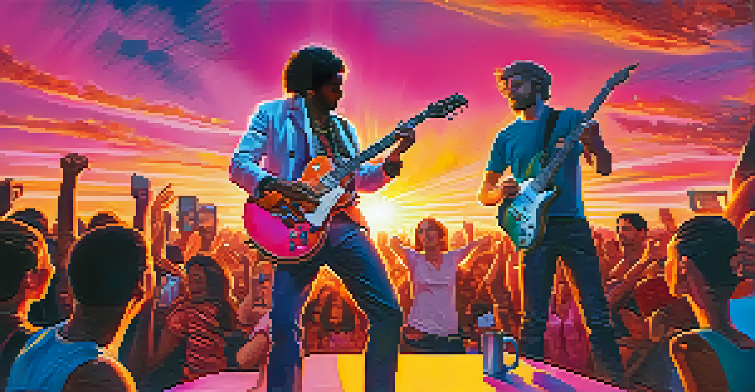 A guitarist performing on stage during a sunset concert, surrounded by a lively audience and colorful stage lights.