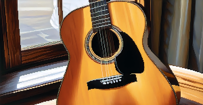 A close-up view of an acoustic guitar on a wooden table, emphasizing the wood grain and sunlight effects.