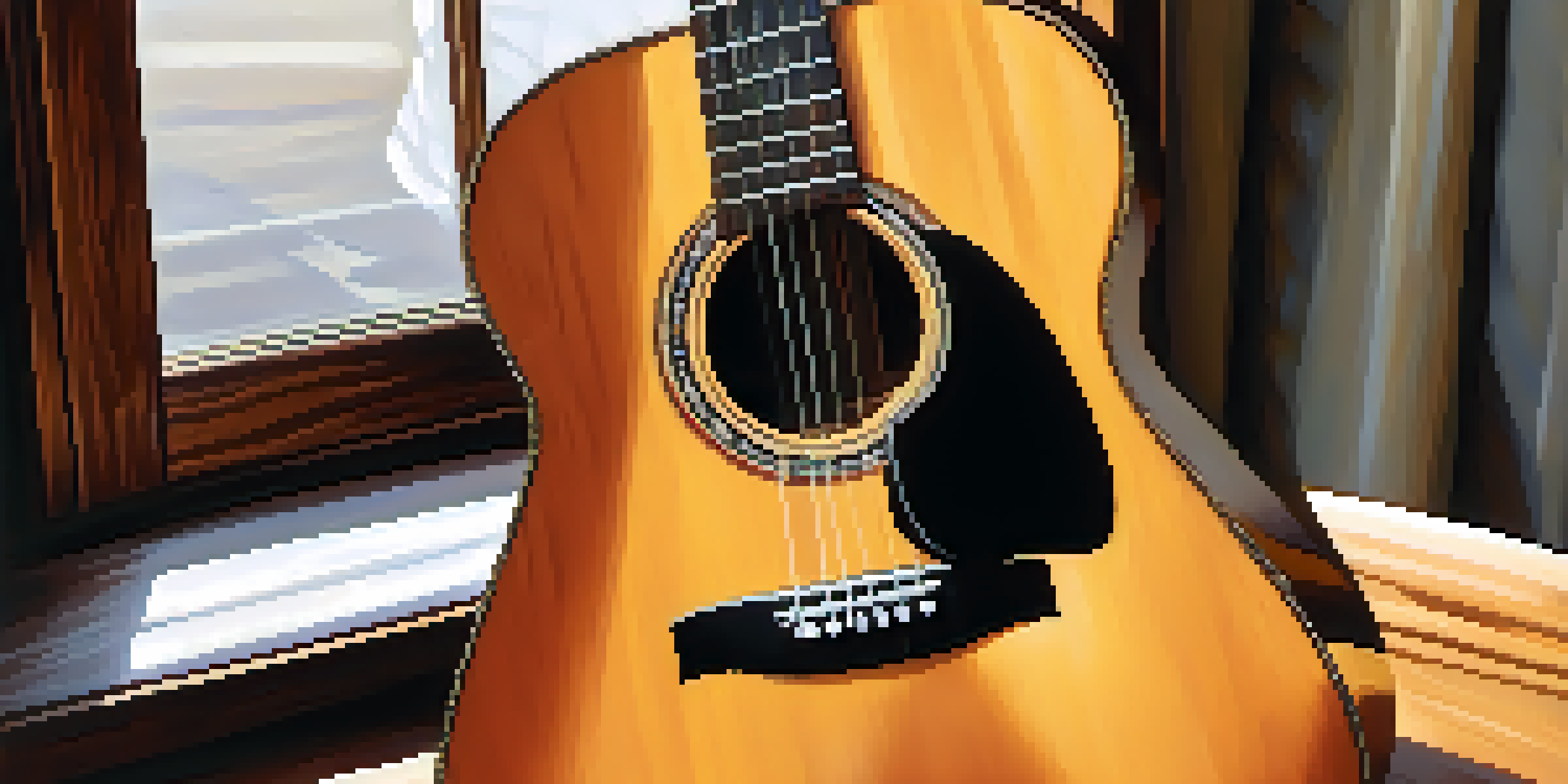 A close-up view of an acoustic guitar on a wooden table, emphasizing the wood grain and sunlight effects.