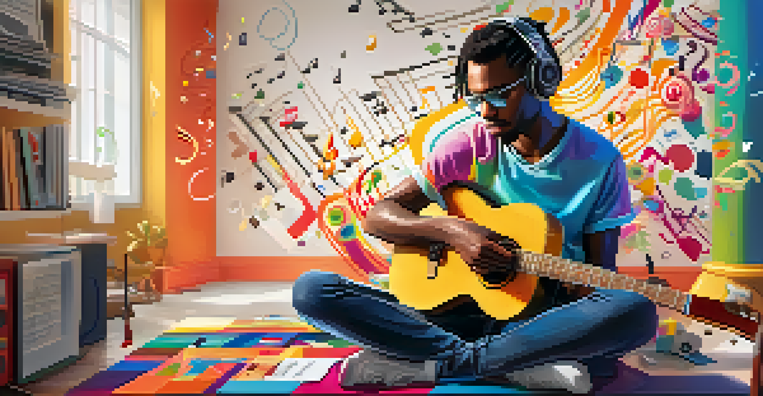 A digital illustration of a musician practicing guitar with an app on a tablet, surrounded by colorful musical graphics.