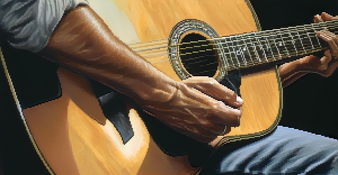 Close-up of a guitarist's hands playing fingerstyle on an acoustic guitar, showcasing the details of the instrument and the musician's concentration.