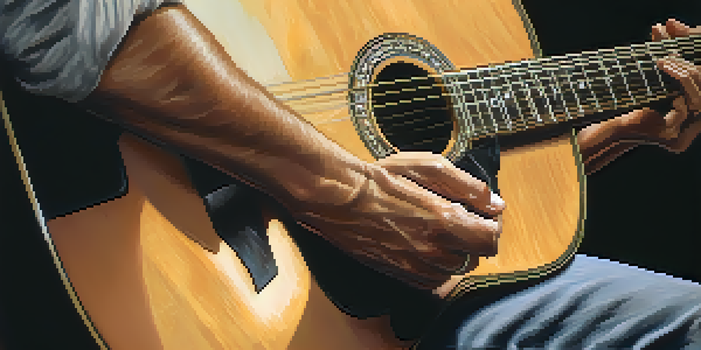 Close-up of a guitarist's hands playing fingerstyle on an acoustic guitar, showcasing the details of the instrument and the musician's concentration.