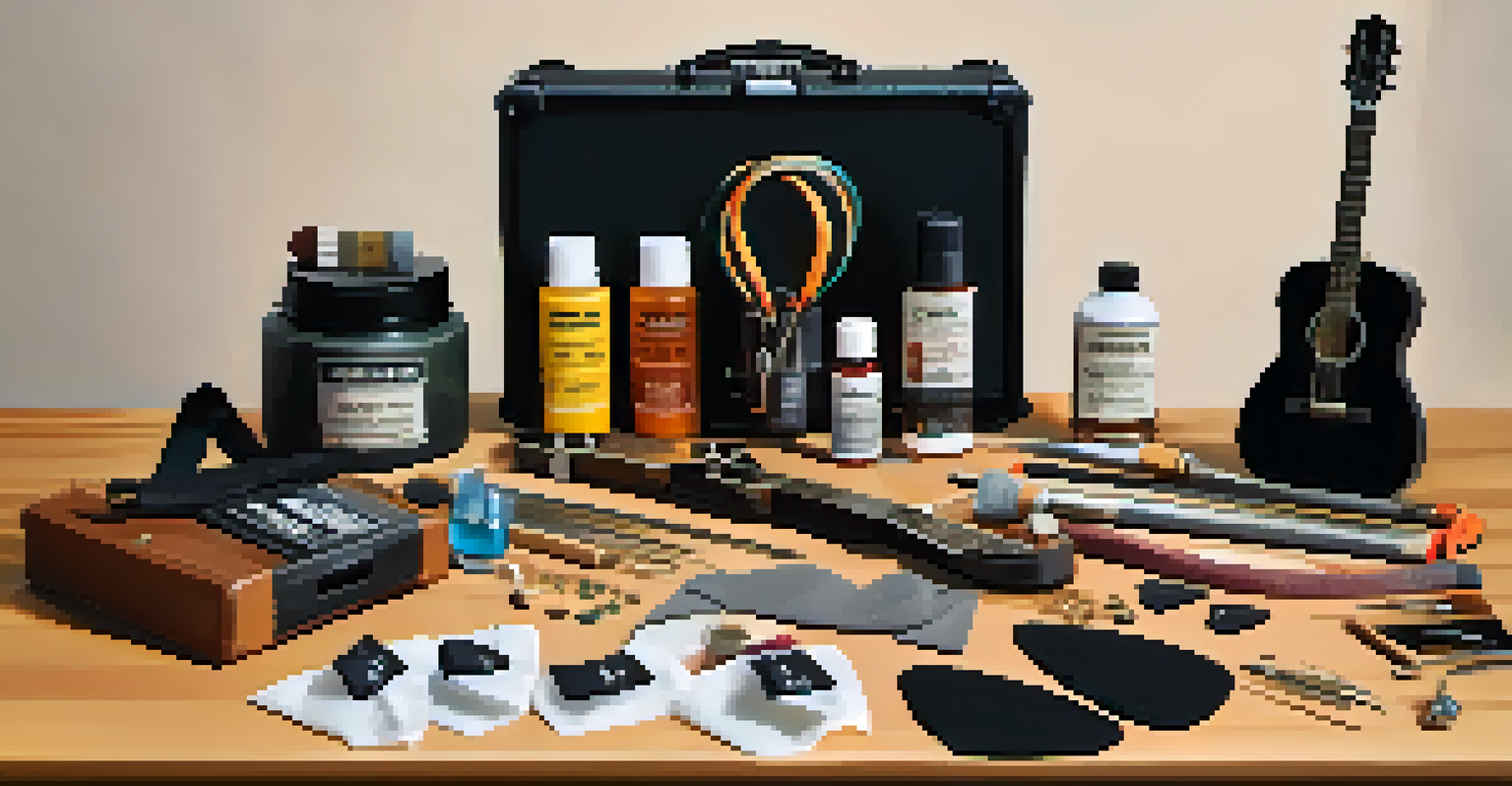 A guitar maintenance kit displayed on a cloth, including tools and picks, with a blurred music room in the background.