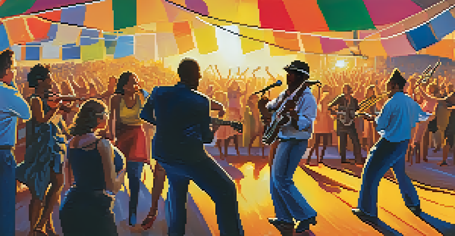 An outdoor blues festival at sunset with musicians on stage and an enthusiastic audience.