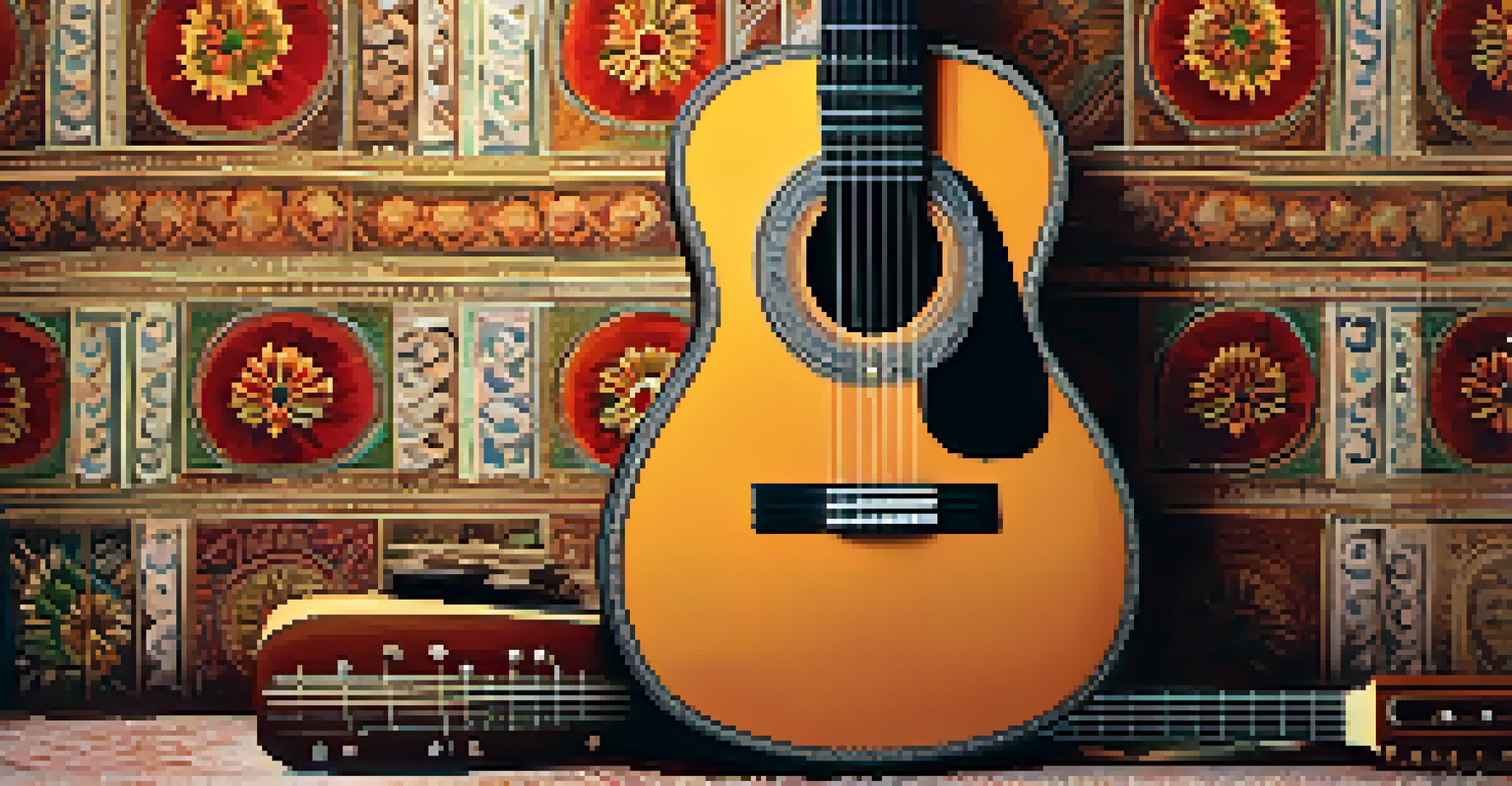 An Indian classical guitar against a backdrop of traditional fabrics and instruments, creating a vibrant cultural scene.