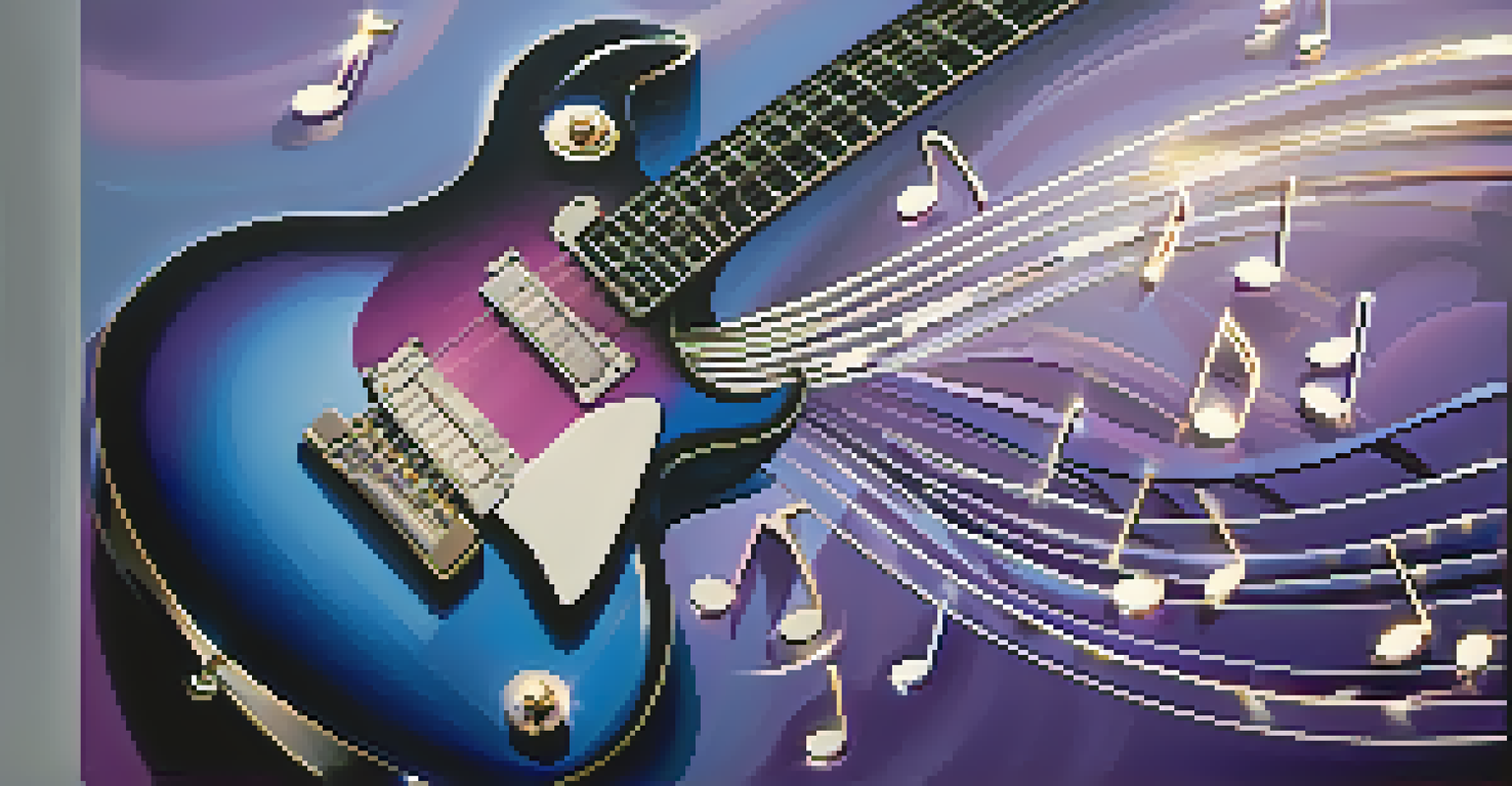 An artistic representation of musical notes swirling around a glowing guitar against a blue and purple gradient background.