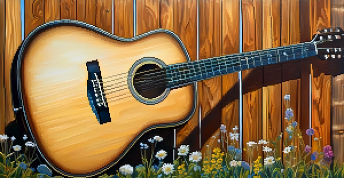A close-up of an acoustic guitar against a wooden fence, with colorful wildflowers and soft sunlight illuminating the scene.