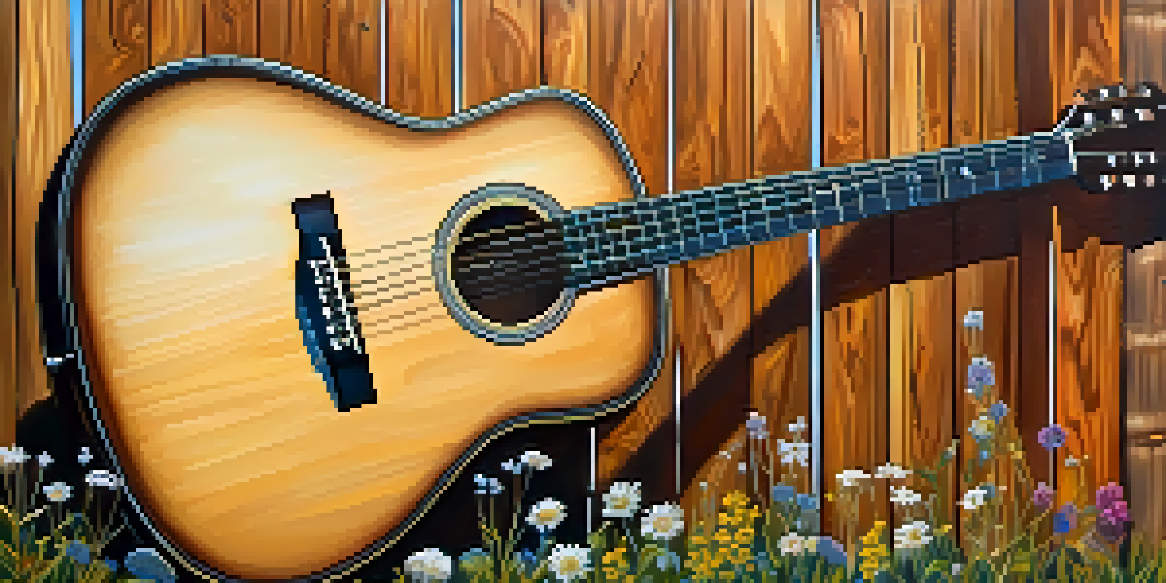A close-up of an acoustic guitar against a wooden fence, with colorful wildflowers and soft sunlight illuminating the scene.