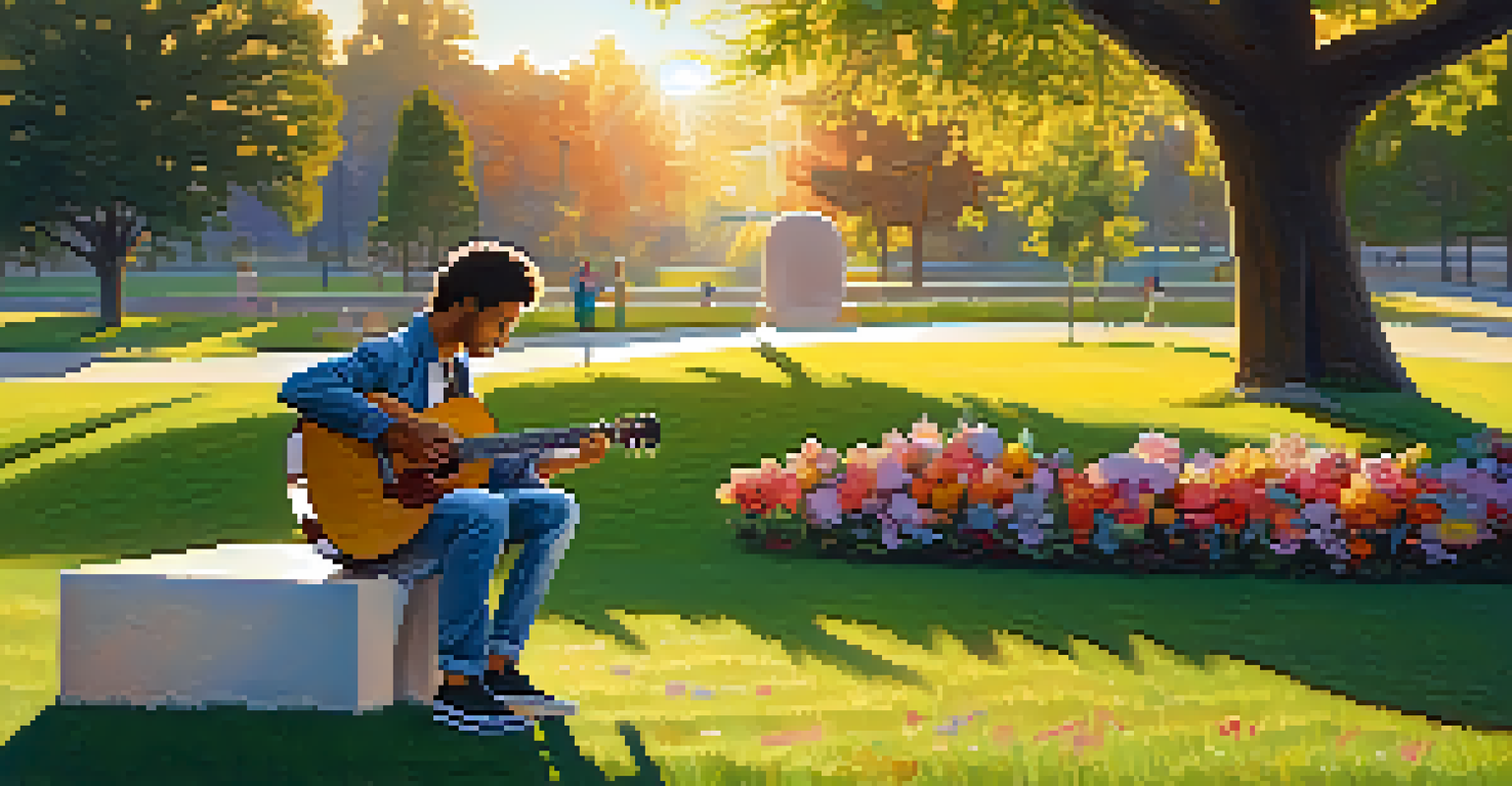 A musician playing guitar in a park during sunset, surrounded by colorful flowers and warm golden light.
