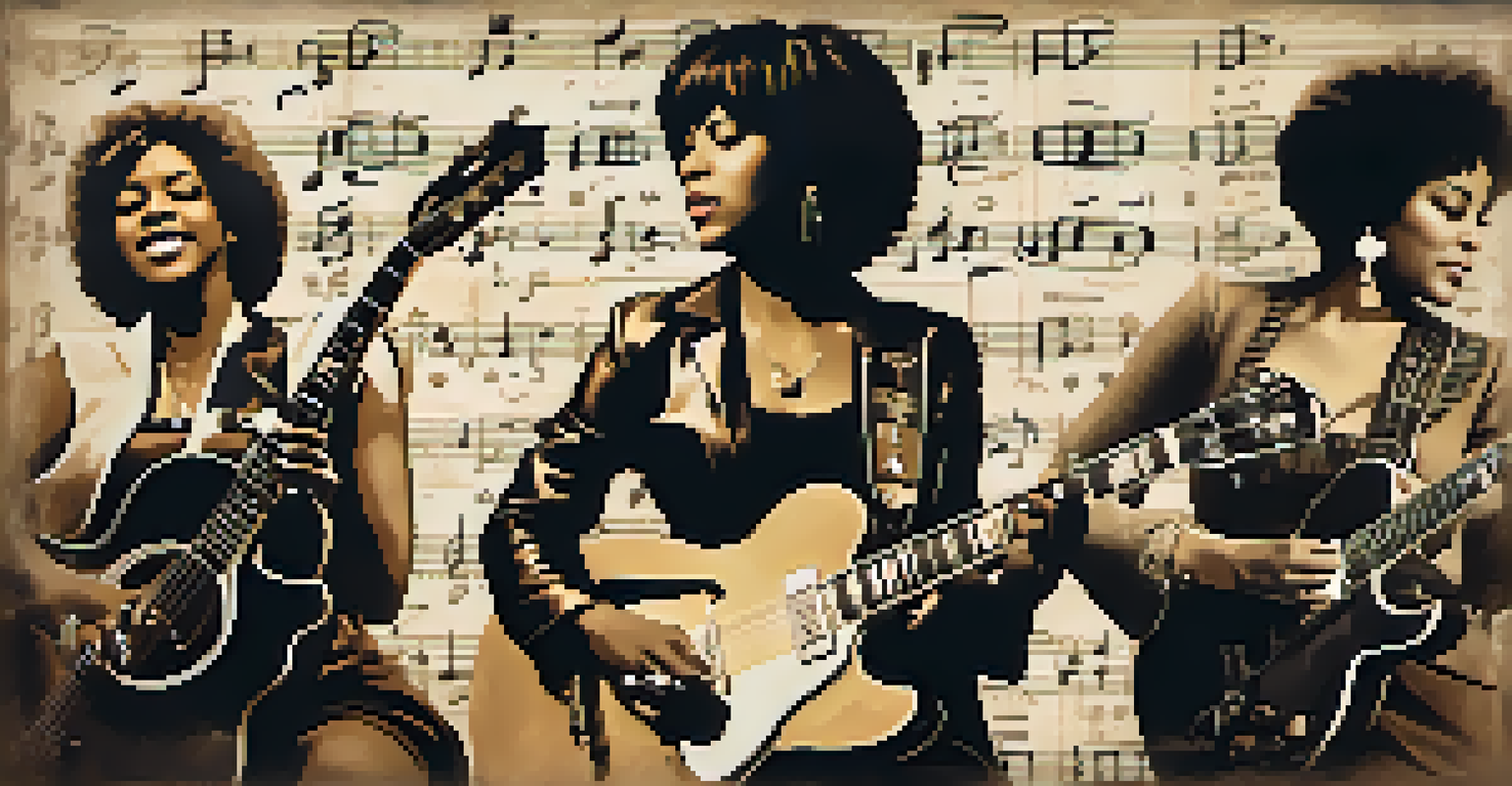 A historical collage of iconic female guitarists from different eras, showcasing their impact on music history.