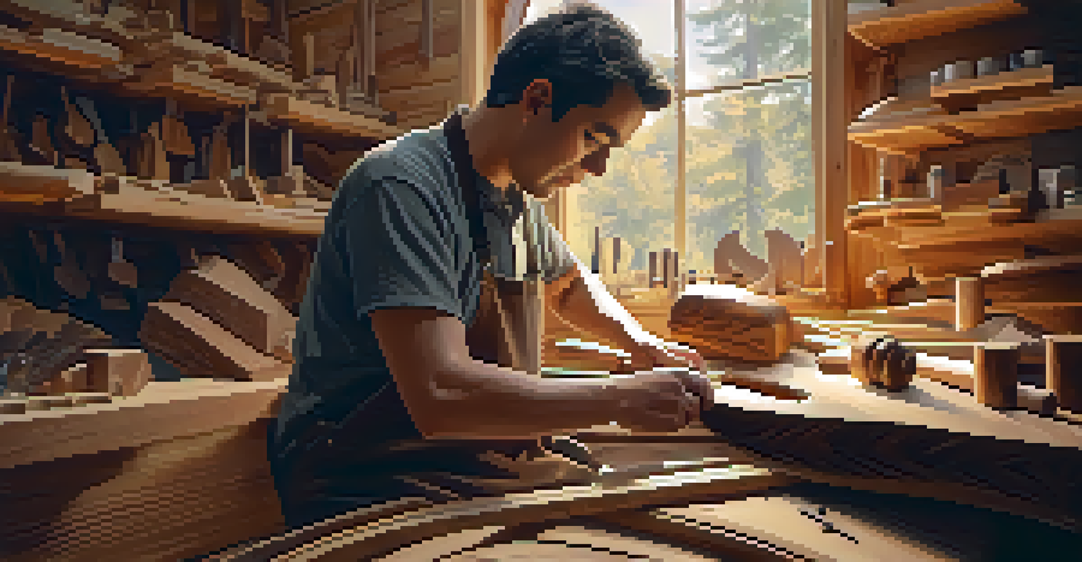 A luthier shaping a cedar guitar body in a workshop filled with tools and wood shavings, illuminated by warm light.