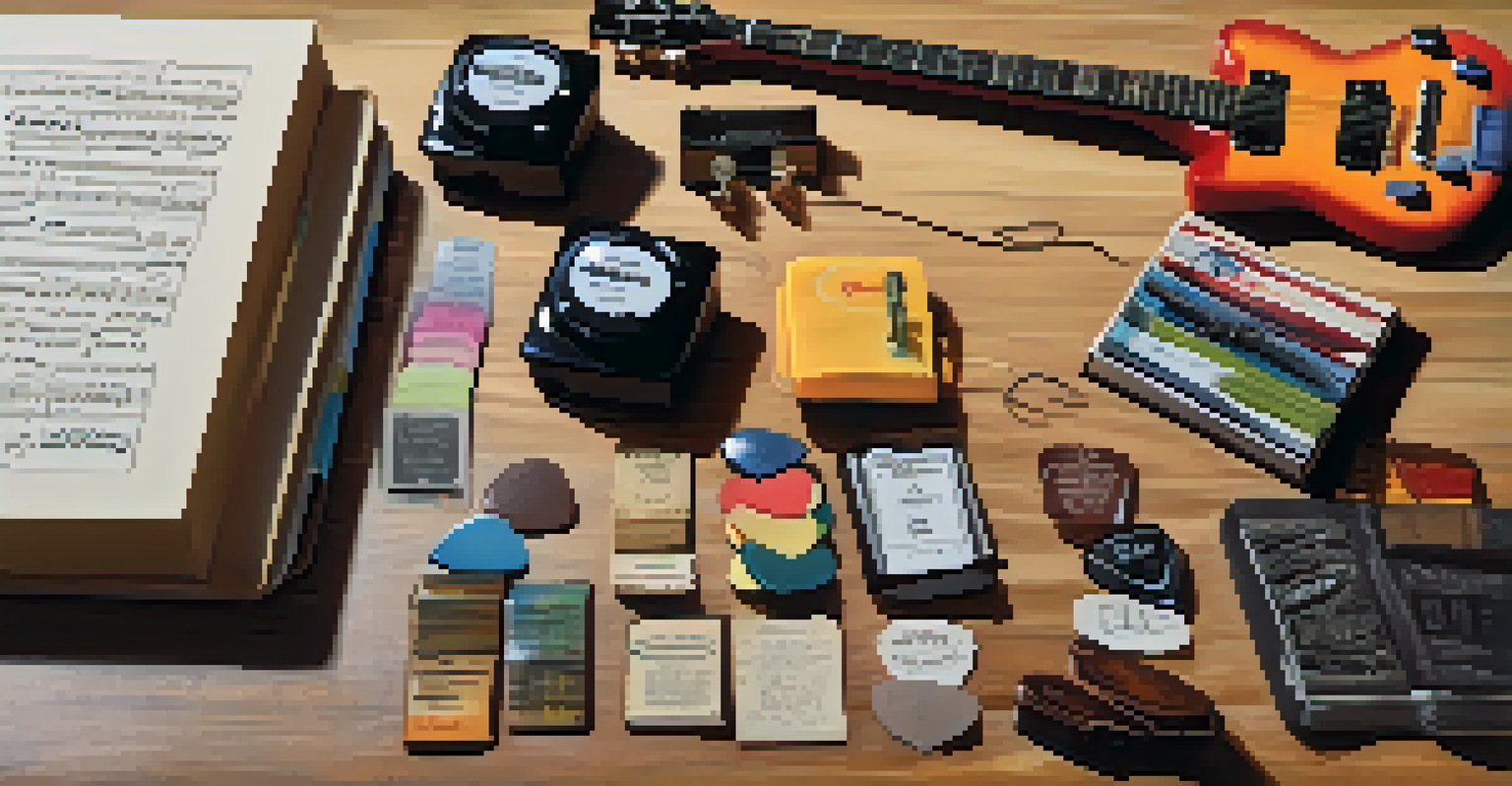 Flat lay of a guitarist's essentials including an electric guitar, guitar picks, and a notebook on a wooden surface.
