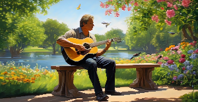 A middle-aged man playing an acoustic guitar in a sunlit park, with trees and flowers around.
