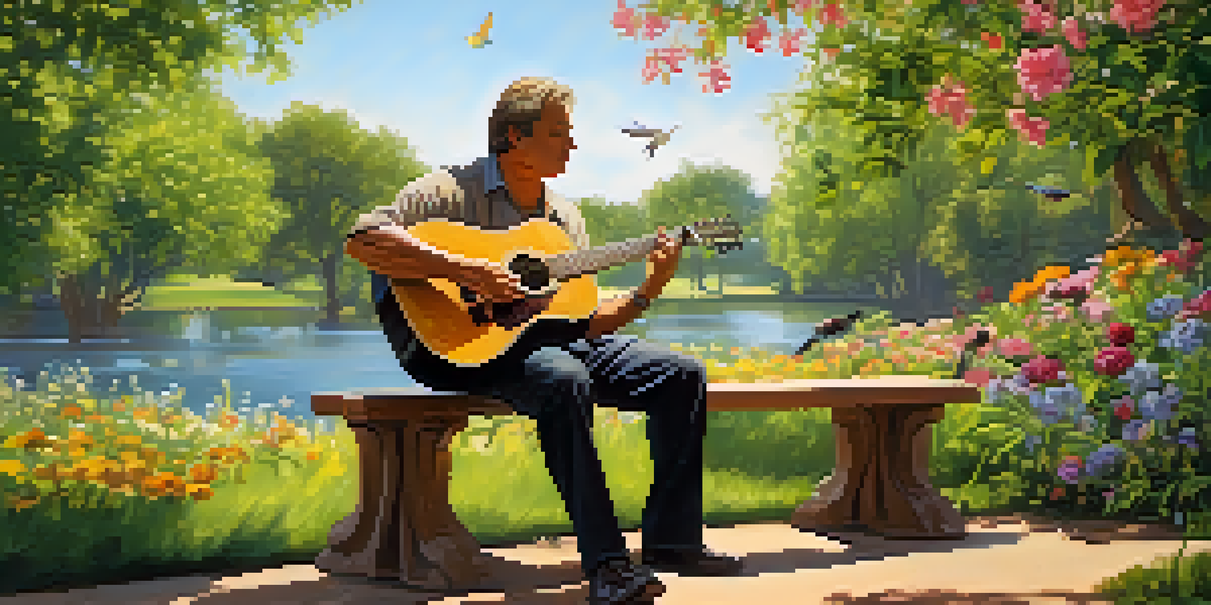A middle-aged man playing an acoustic guitar in a sunlit park, with trees and flowers around.