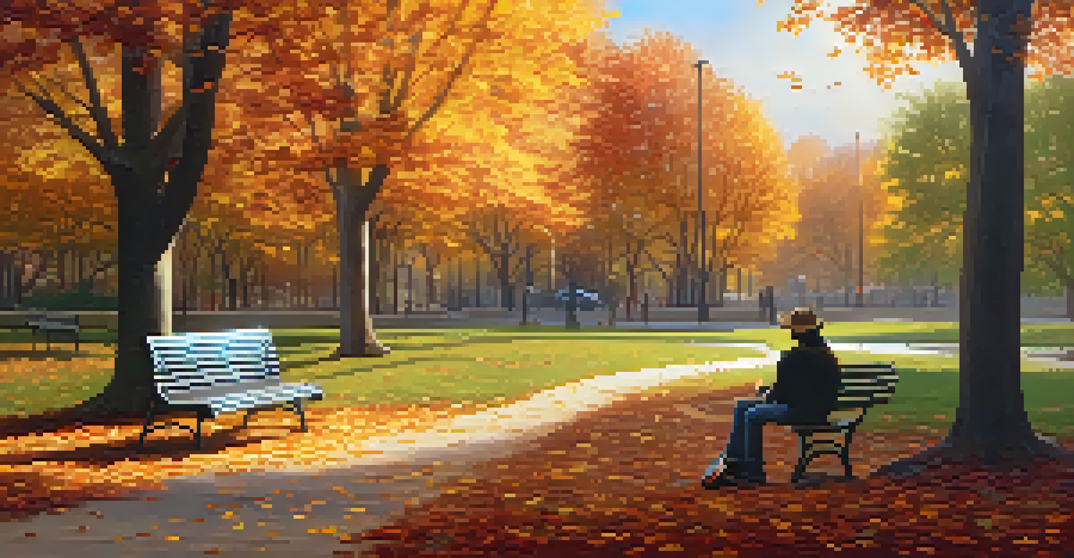 A musician playing guitar on a park bench surrounded by colorful autumn trees and falling leaves in warm sunlight.