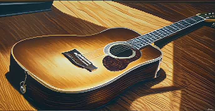A close-up view of an acoustic guitar on a wooden table, showcasing its rich wood grain and fretboard details, with a blurred music studio in the background.