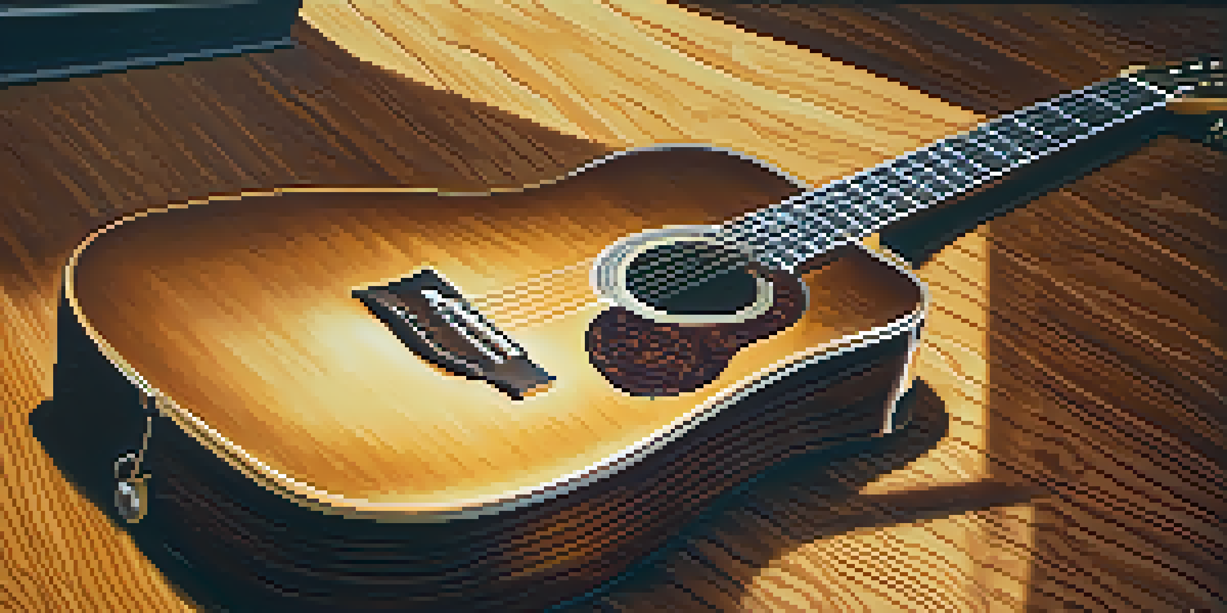 A close-up view of an acoustic guitar on a wooden table, showcasing its rich wood grain and fretboard details, with a blurred music studio in the background.