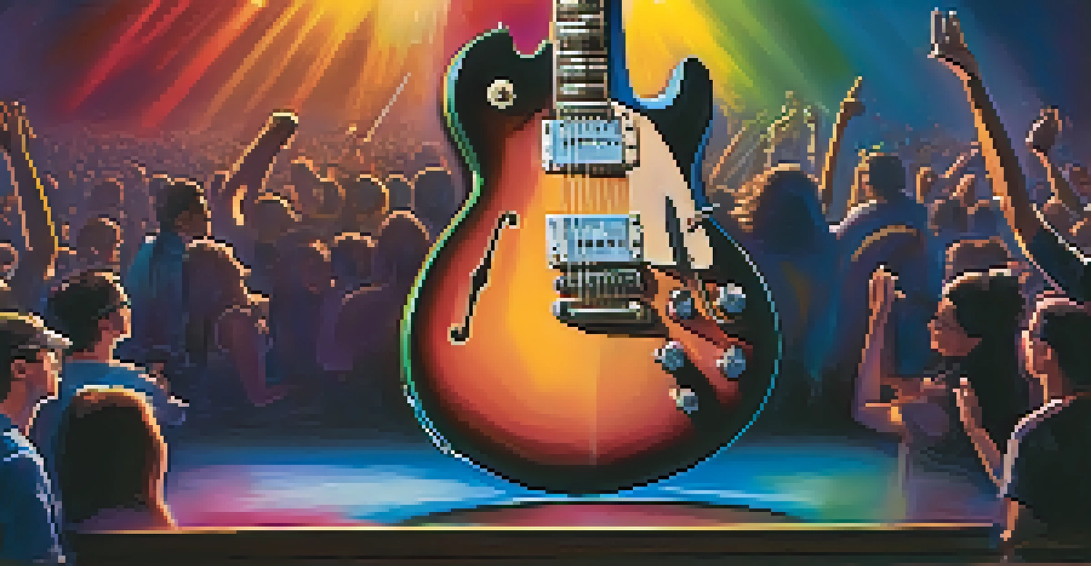 An electric guitar on a stage with colorful lights and a blurred audience in the background.