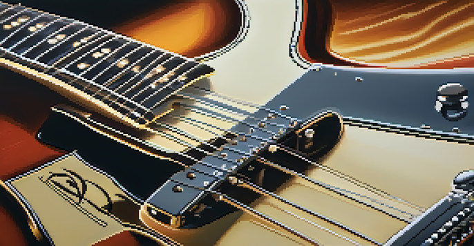 A detailed close-up of a vintage electric guitar with warm lighting and blurred music notes in the background.