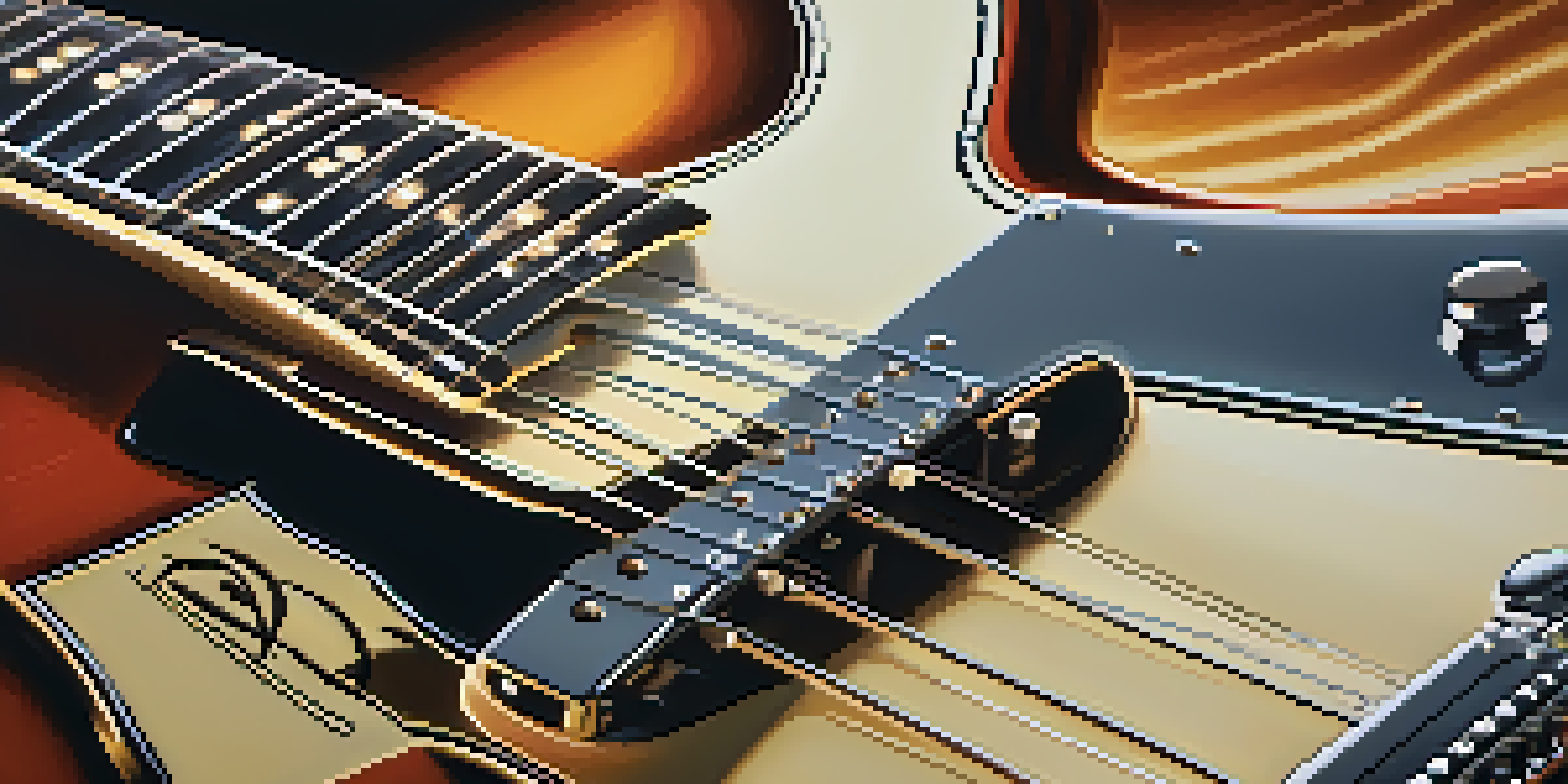 A detailed close-up of a vintage electric guitar with warm lighting and blurred music notes in the background.