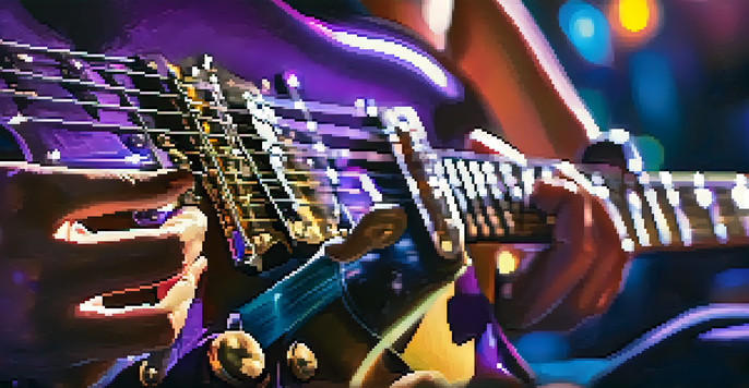 A guitarist's hands playing an electric guitar with colorful lights and a blurred audience in the background.