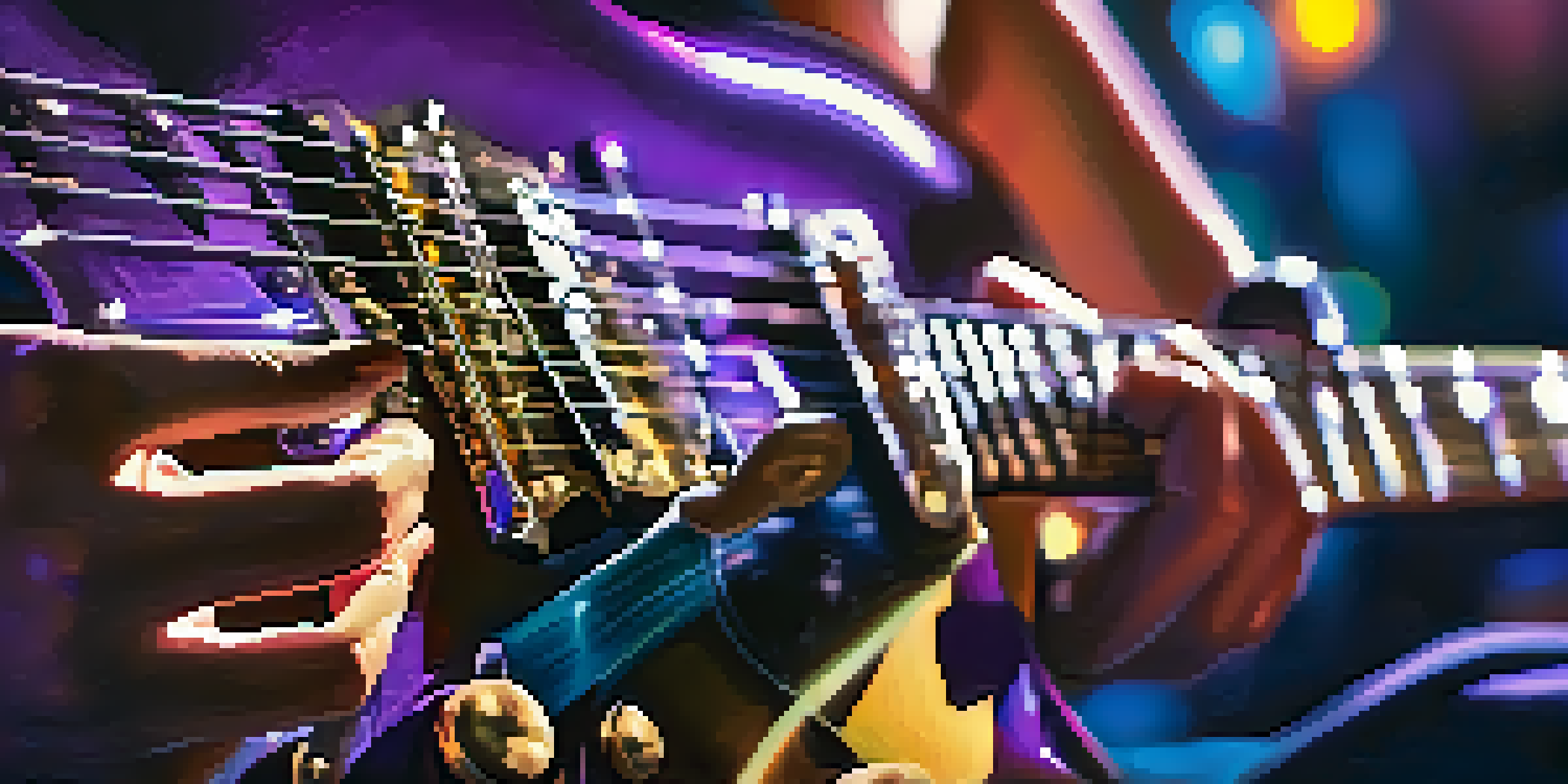 A guitarist's hands playing an electric guitar with colorful lights and a blurred audience in the background.
