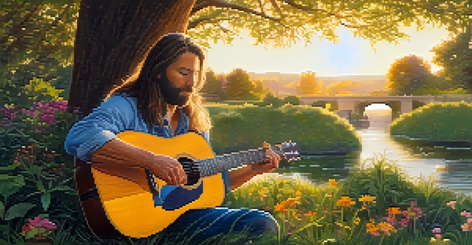 A middle-aged man with long hair playing an acoustic guitar outdoors during sunset, surrounded by trees and wildflowers.