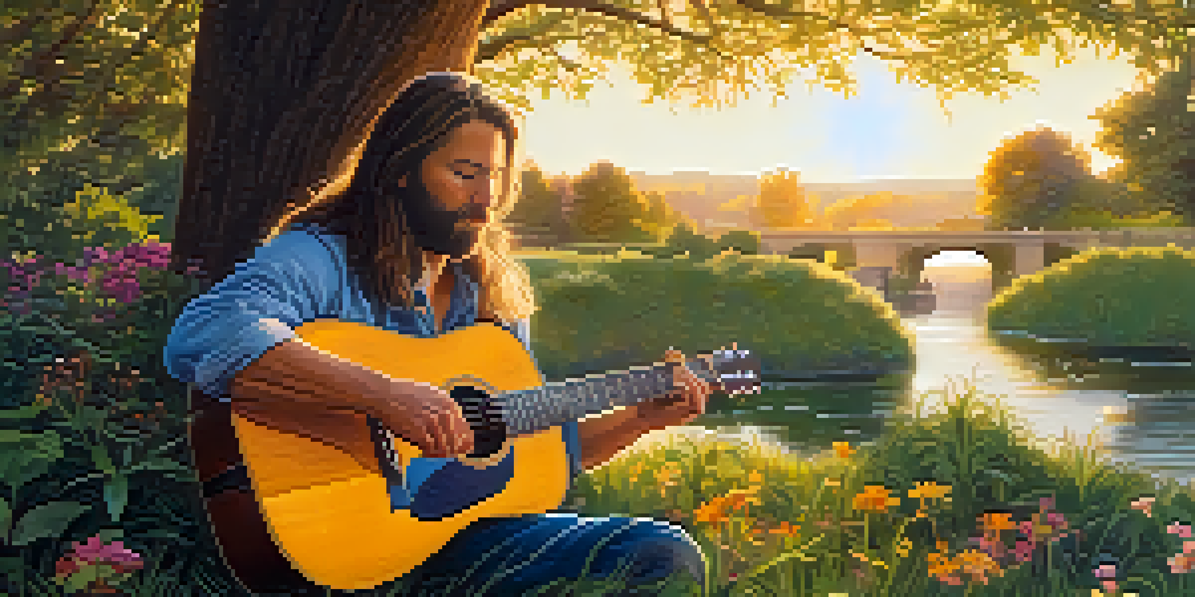 A middle-aged man with long hair playing an acoustic guitar outdoors during sunset, surrounded by trees and wildflowers.