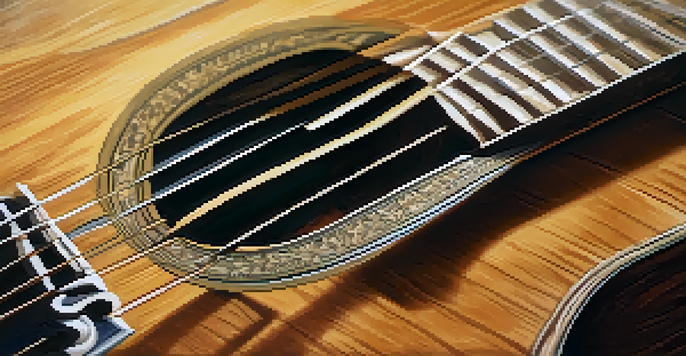 A close-up of an acoustic guitar on a wooden table with sheet music, softly lit by natural light.