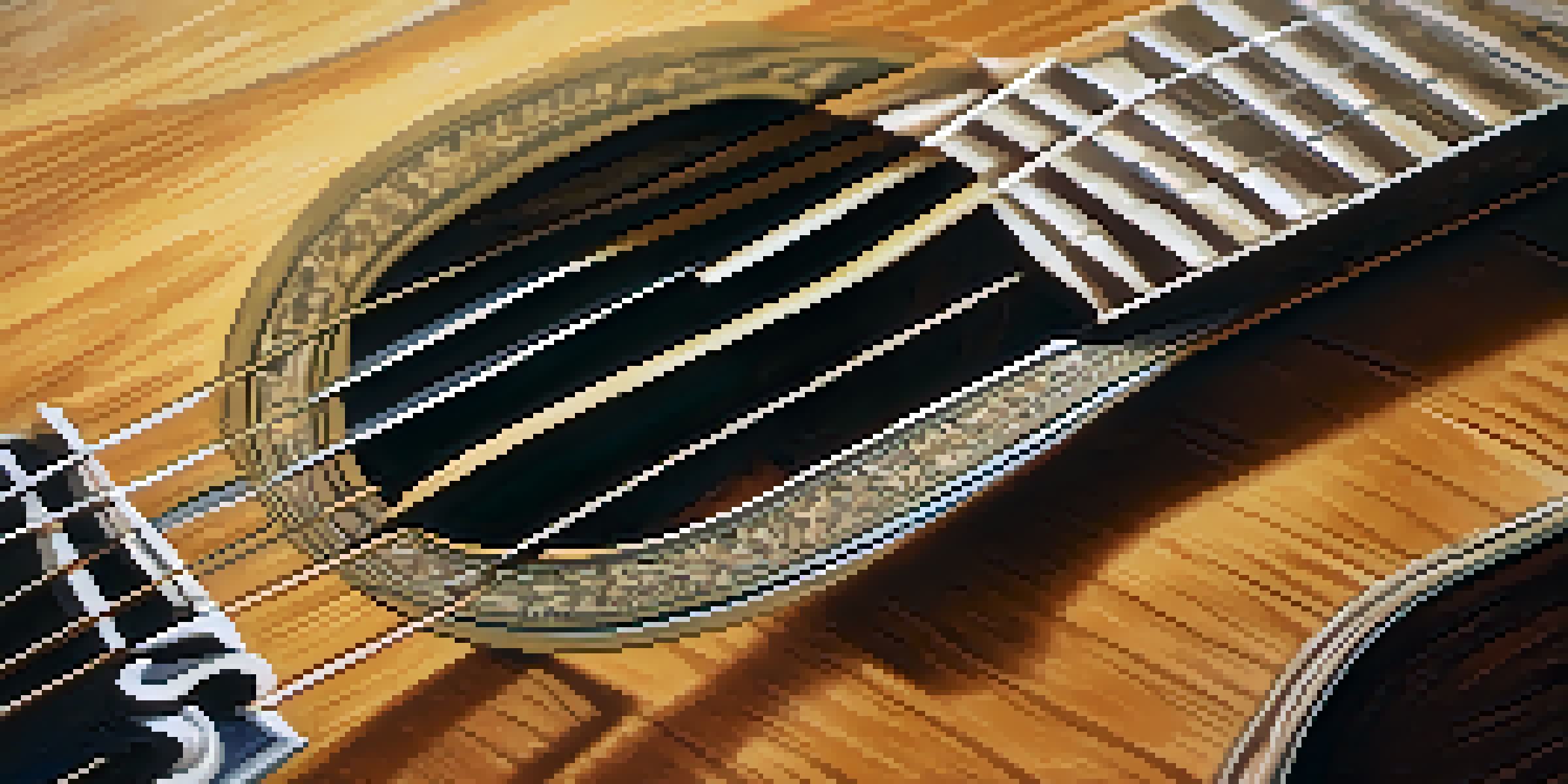 A close-up of an acoustic guitar on a wooden table with sheet music, softly lit by natural light.