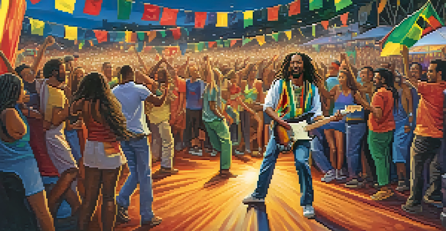A lively outdoor reggae festival with people dancing and a guitarist performing on stage under colorful lights.