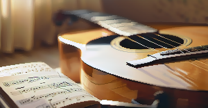 A close-up of a wooden guitar on handwritten music notes with warm sunlight filtering through a window.