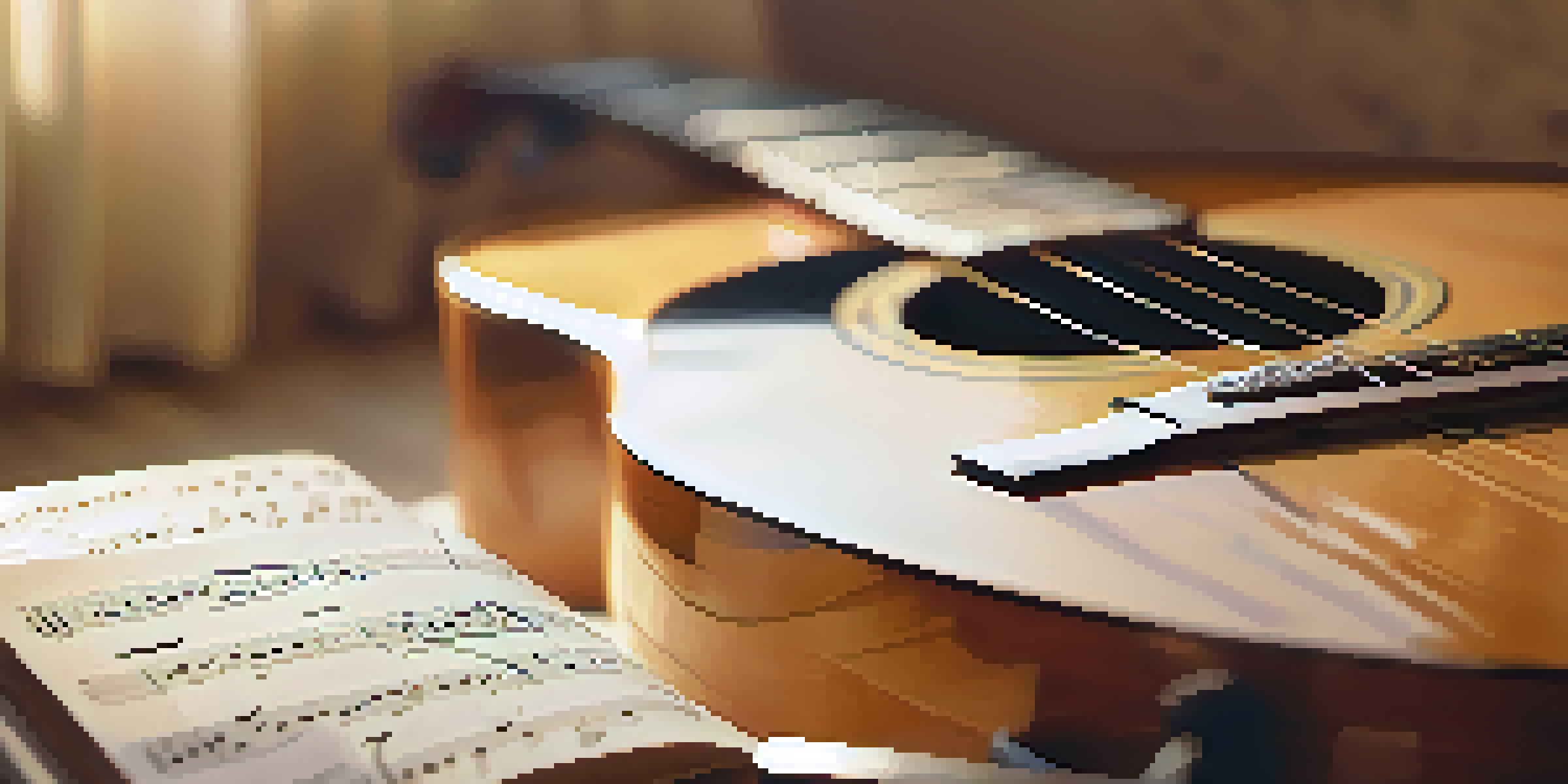 A close-up of a wooden guitar on handwritten music notes with warm sunlight filtering through a window.