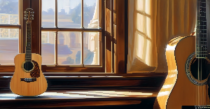 A close-up of an acoustic guitar on a wooden stage with golden light highlighting its features and blurred silhouettes of musicians in the background.