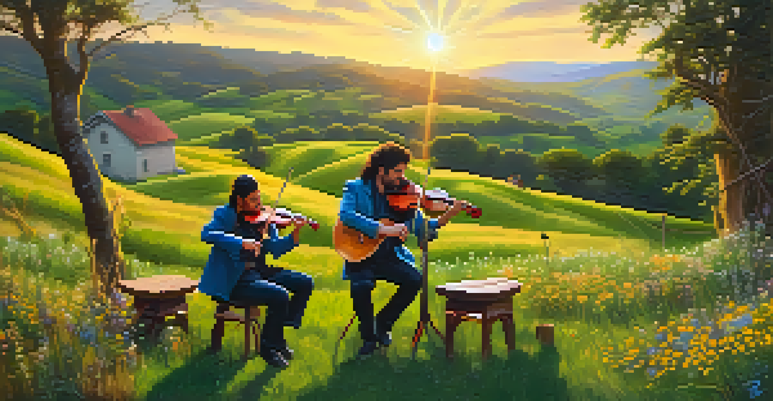 Musicians playing together outdoors with a scenic green landscape and a sunset in the background.